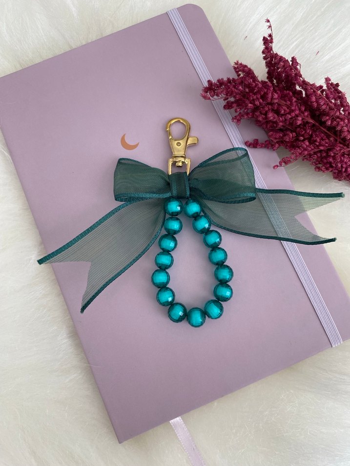 Fiyonklu yeşil  Boncuklu Bohem Anahtarlık charm - Görsel 2