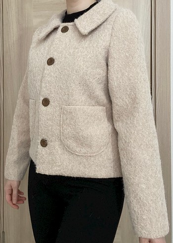 Düğmeli Bej kadın yün ceket - Görsel 6