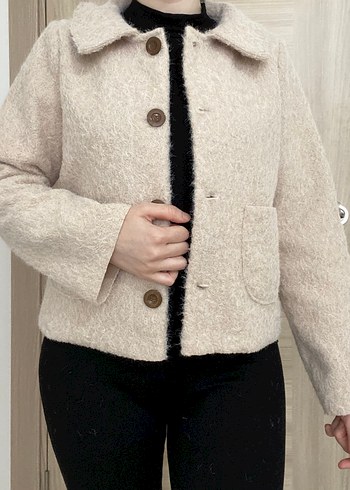 Düğmeli Bej kadın yün ceket - Görsel 5