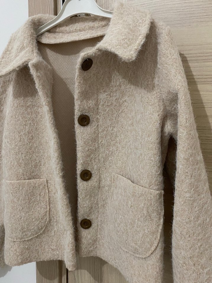 Düğmeli Bej kadın yün ceket - Görsel 3
