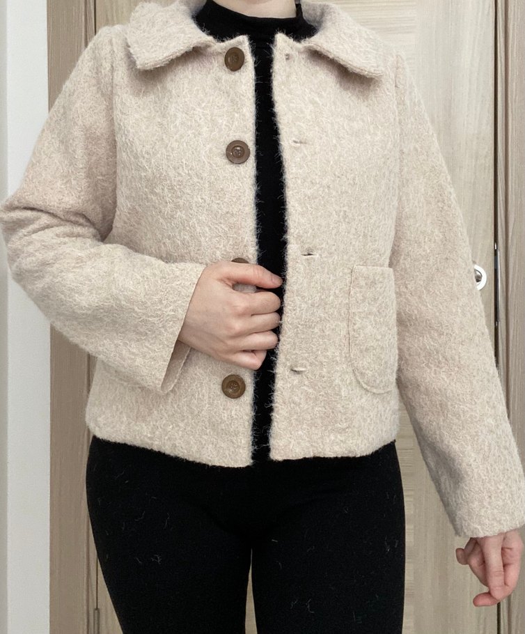 Düğmeli Bej kadın yün ceket - Görsel 5