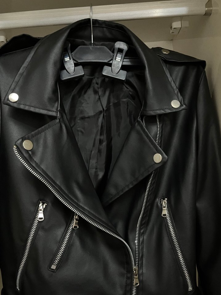 Siyah Deri Biker Ceket Kadın - Görsel 3