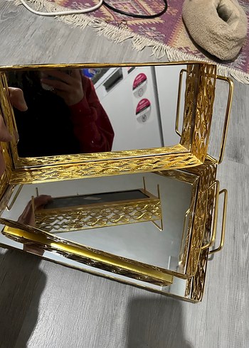 Altın Renkli Parlak Dekoratif Aynanalı tepsi seti - Görsel 3