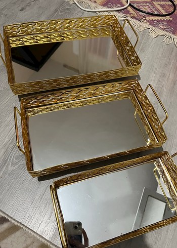 Altın Renkli Parlak Dekoratif Aynanalı tepsi seti - Görsel 2