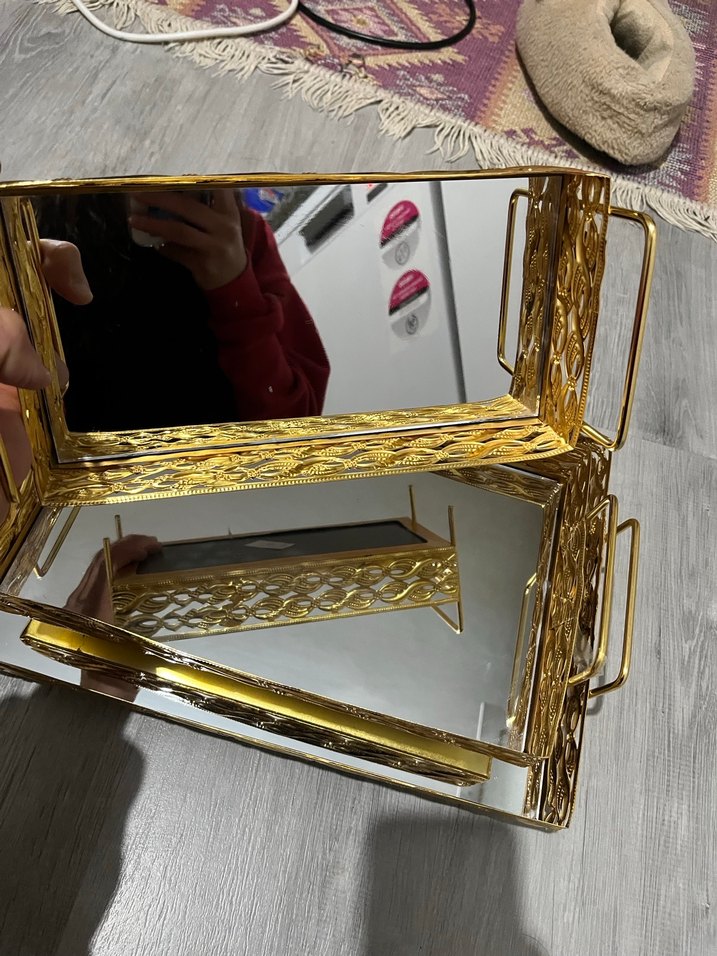 Altın Renkli Parlak Dekoratif Aynanalı tepsi seti - Görsel 3