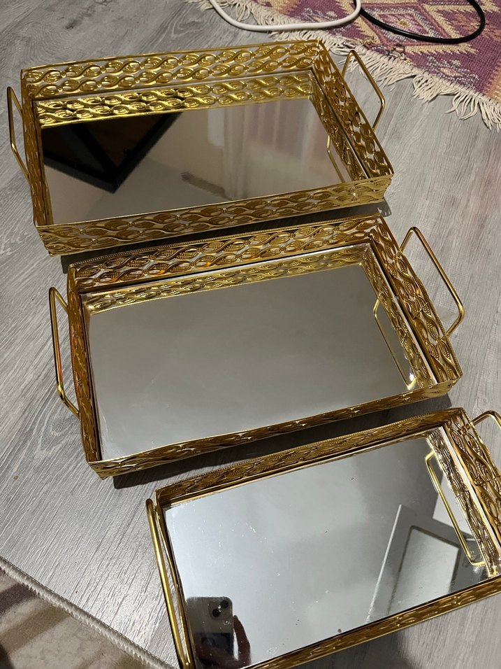 Altın Renkli Parlak Dekoratif Aynanalı tepsi seti - Görsel 2