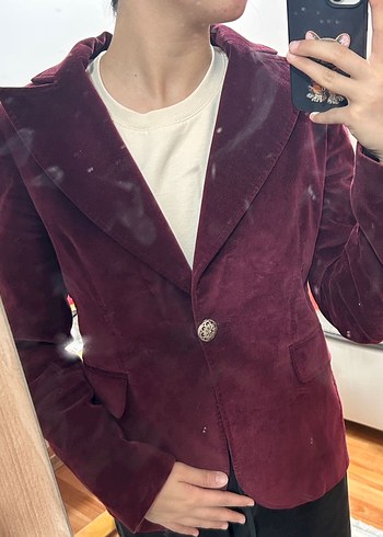 Kadın Bordo Kadife Düğmeli Ceket - Görsel 6