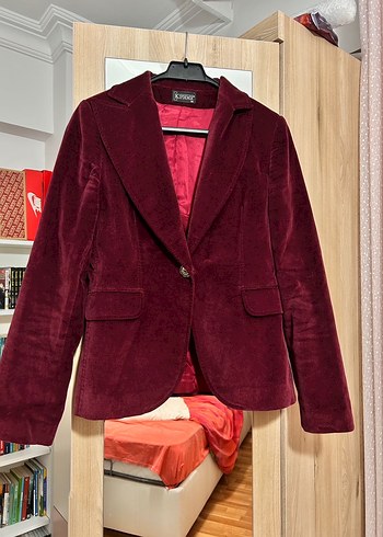 Kadın Bordo Kadife Düğmeli Ceket - Görsel 4