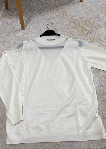 Kadın Beyaz V Yaka Pamuklu Uzun Kollu Kazak - Görsel 2