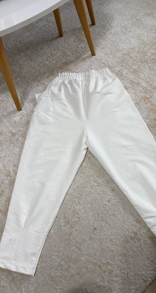 Beyaz Loose Fit penye  Kadın Pantolon - Görsel 3