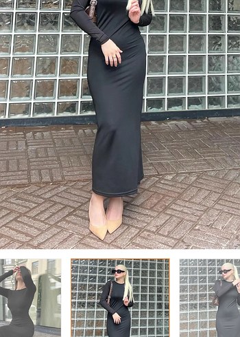 Siyah Uzun Kollu Kadın Uzun Elbise - Görsel 3