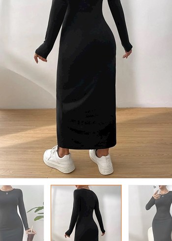 Siyah Uzun Kollu Kadın Uzun Elbise - Görsel 2