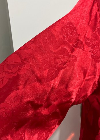 Parlak Kırmızı Vintage Midi Kadın Sabahlık - Görsel 4