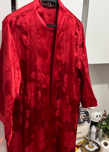 Parlak Kırmızı Vintage Midi Kadın Sabahlık - Görsel 3