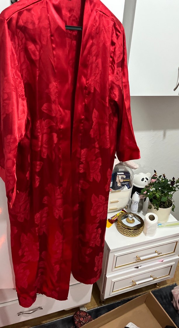 Parlak Kırmızı Vintage Midi Kadın Sabahlık - Görsel 2