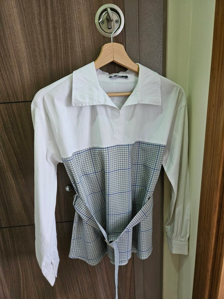 Kemerli Kareli Mini Kadın Gömlek - Görsel 2