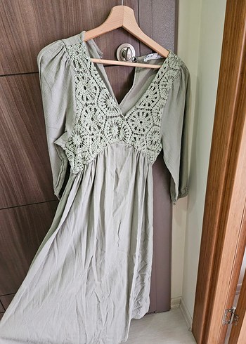 Yeşil Nakışlı V Yaka Bohem Uzun Elbise - Görsel 2