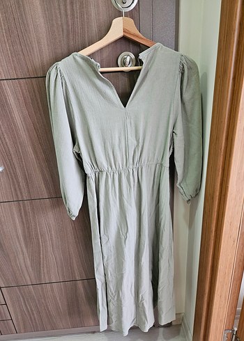 Yeşil Nakışlı V Yaka Bohem Uzun Elbise - Görsel 3