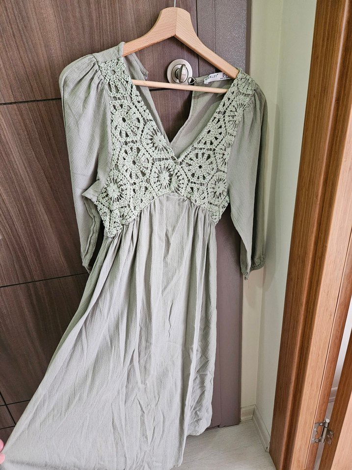 Yeşil Nakışlı V Yaka Bohem Uzun Elbise - Görsel 2