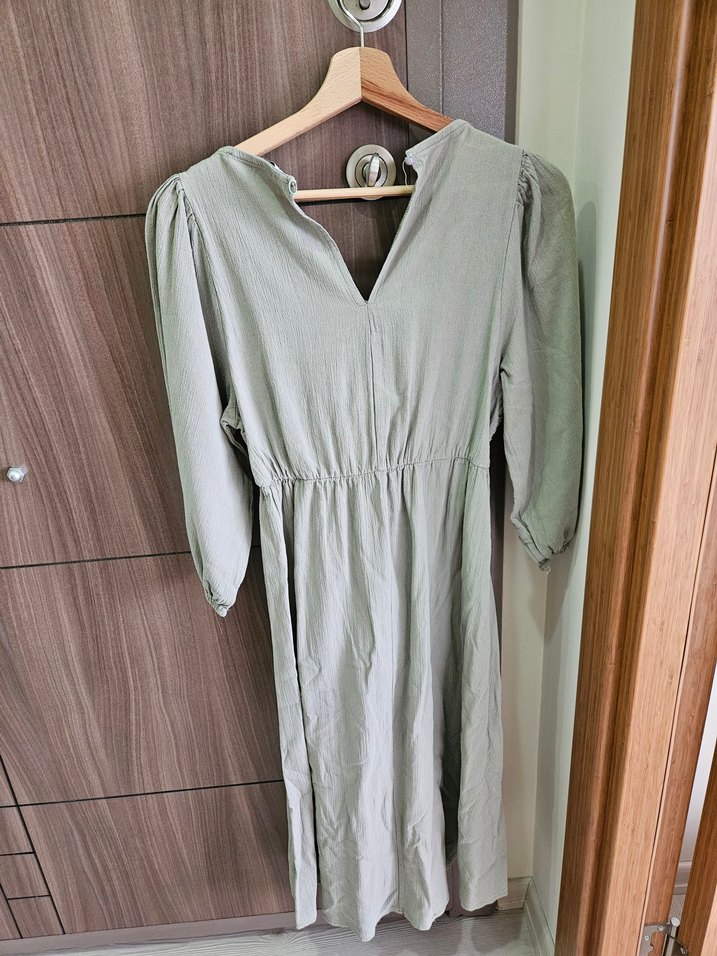 Yeşil Nakışlı V Yaka Bohem Uzun Elbise - Görsel 3