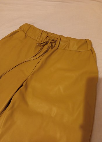 yağ yeşil Deri Kadın Bol Kesim Pantolon - Görsel 2