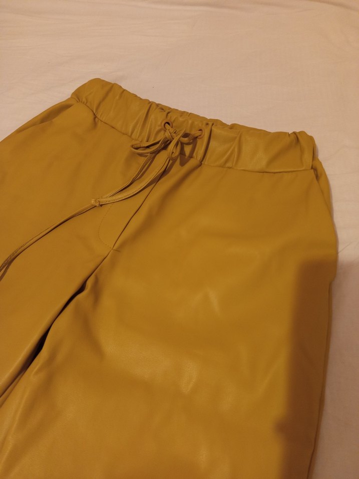 yağ yeşil Deri Kadın Bol Kesim Pantolon - Görsel 2