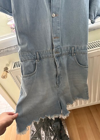 Mavi Denim Kısa Kollu Midi Tulum - Görsel 3