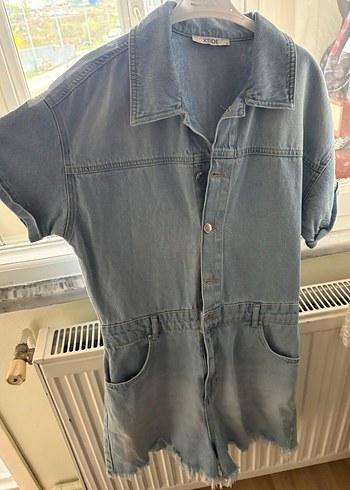 Mavi Denim Kısa Kollu Midi Tulum - Görsel 2