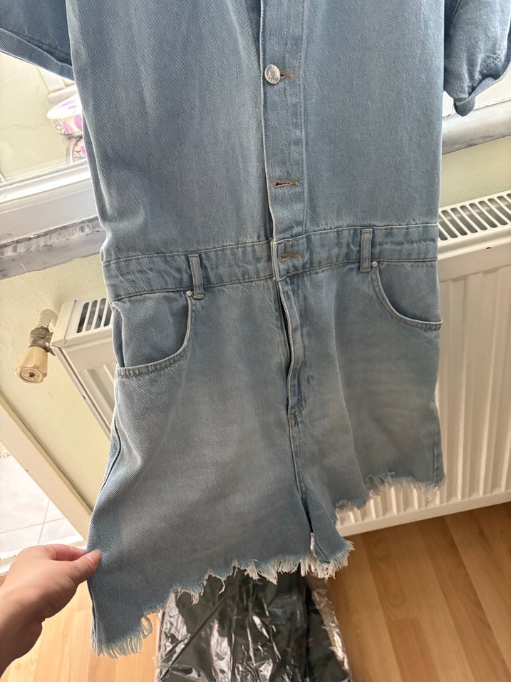 Mavi Denim Kısa Kollu Midi Tulum - Görsel 3