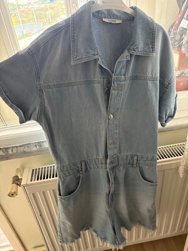 Mavi Denim Kısa Kollu Midi Tulum - Görsel 2