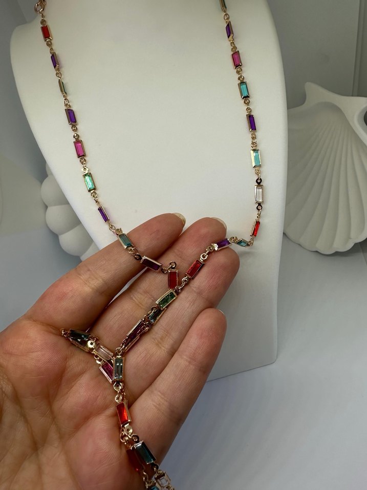 Renkli Uzun Zincir Detaylı Kadın Kolye - Görsel 2