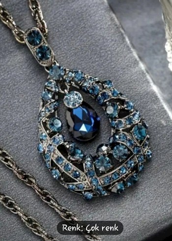 Uzun Zincirli Mavi Taşlı Kadın Kolye - Görsel 2