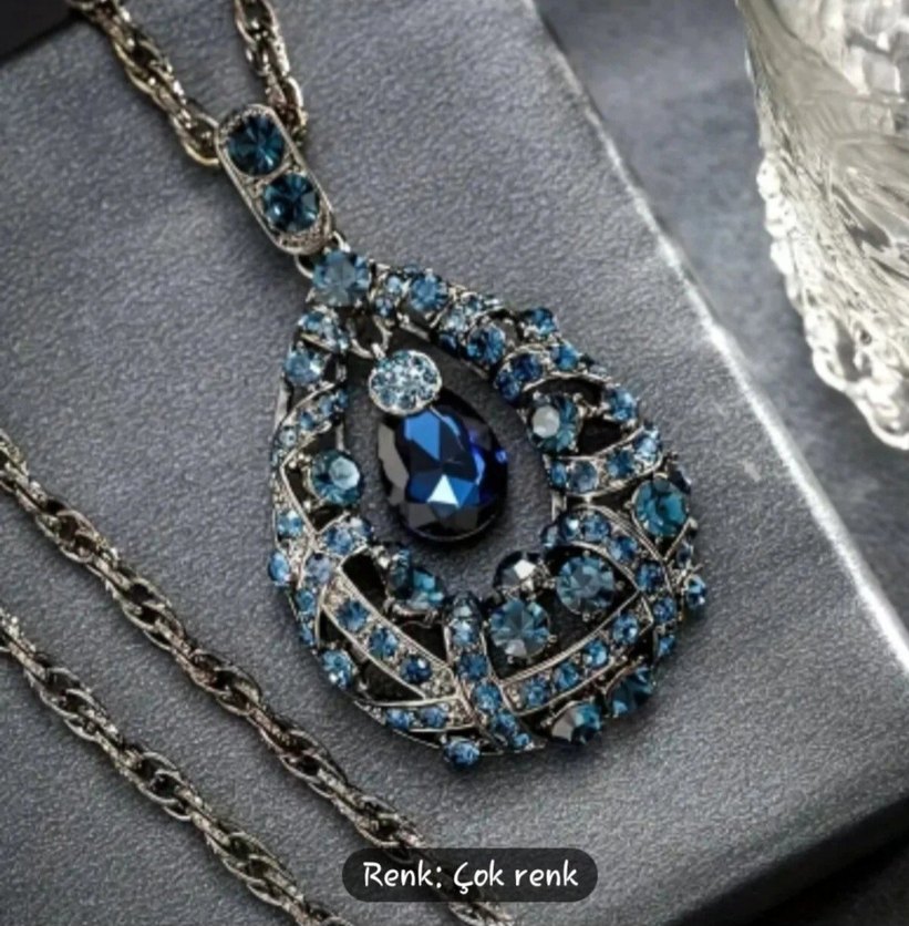 Uzun Zincirli Mavi Taşlı Kadın Kolye - Görsel 2