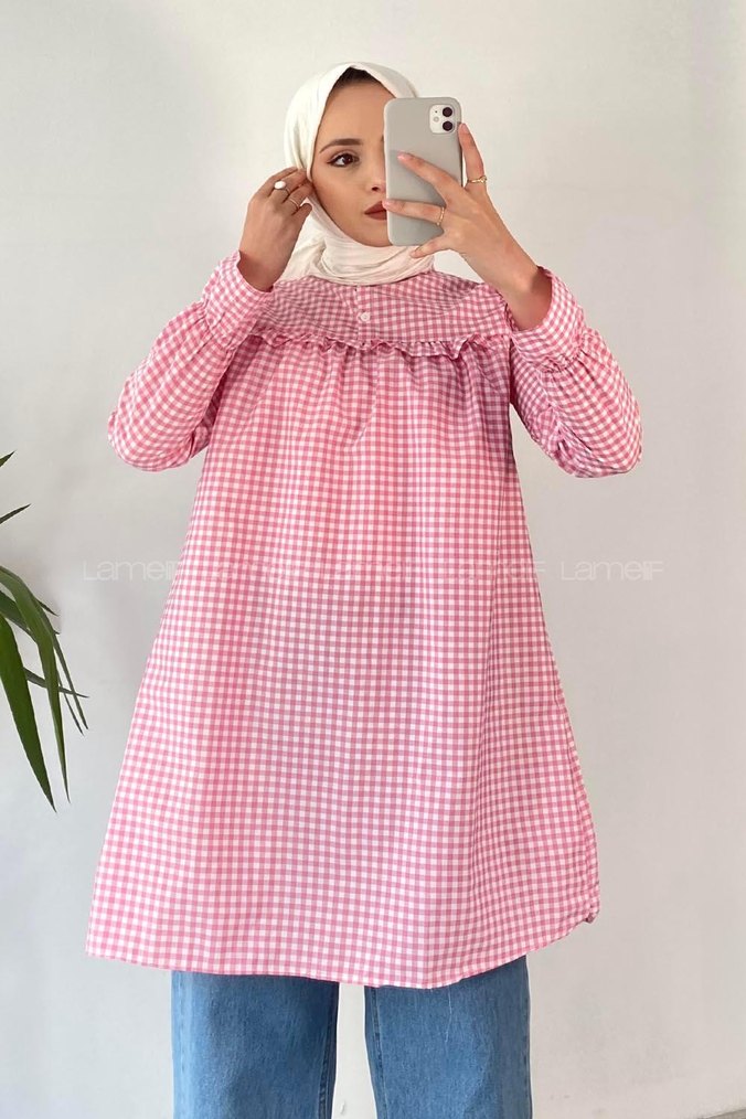 Pembe Düğmeli Uzun Kollu Salaş Bluz - Görsel 2