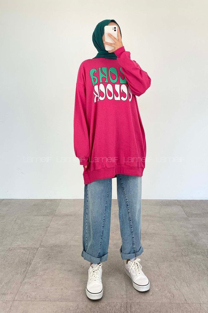 Pembe Baskılı Oversize Kadın Sweatshirt - Görsel 2