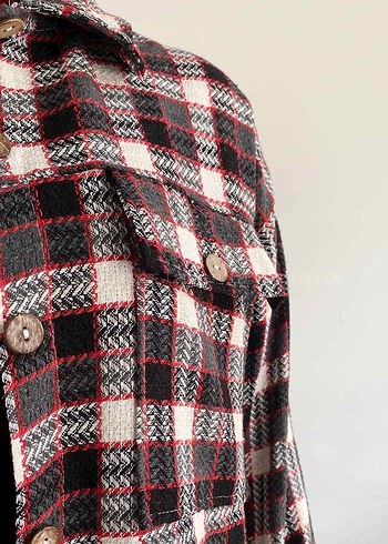 Bordo Kadın Uzun Kareli Düğmeli Kaban - Görsel 3