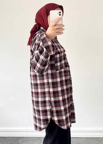 Bordo Kadın Uzun Kareli Düğmeli Kaban - Görsel 2