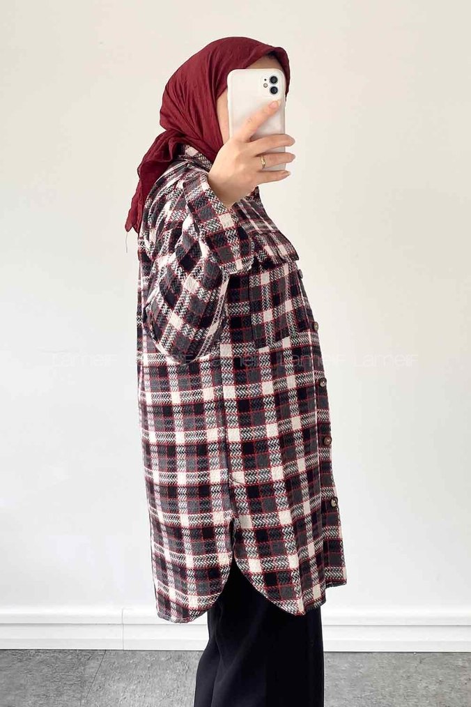 Bordo Kadın Uzun Kareli Düğmeli Kaban - Görsel 2