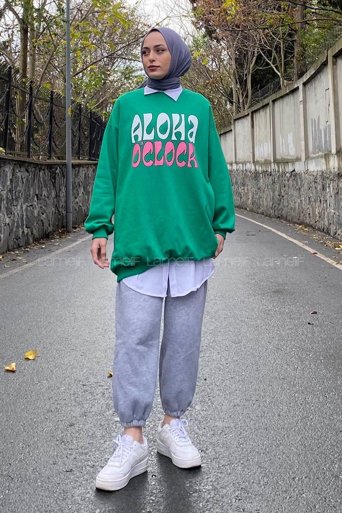 Yeşil Baskılı Rahat Kesim Kadın Sweatshirt - Görsel 4