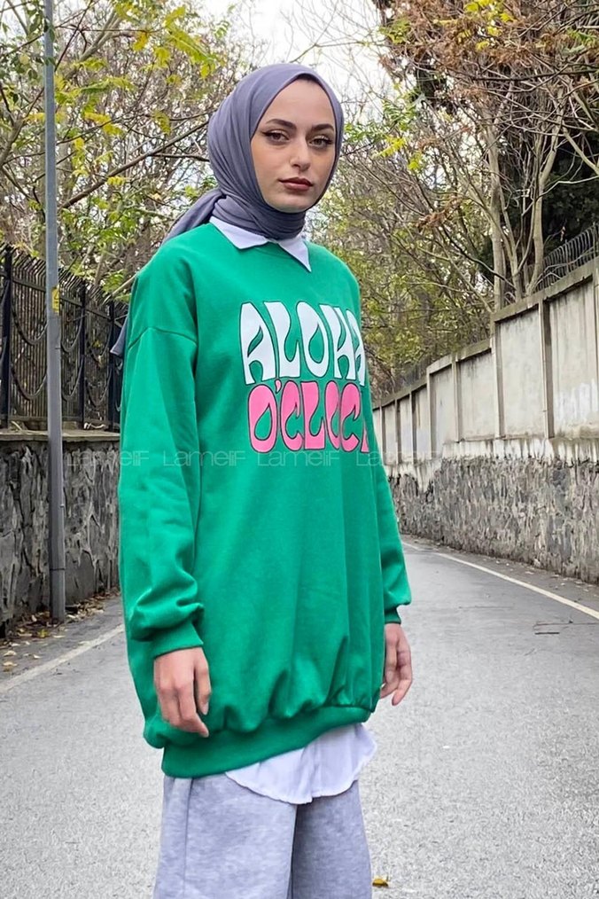 Yeşil Baskılı Rahat Kesim Kadın Sweatshirt - Görsel 3