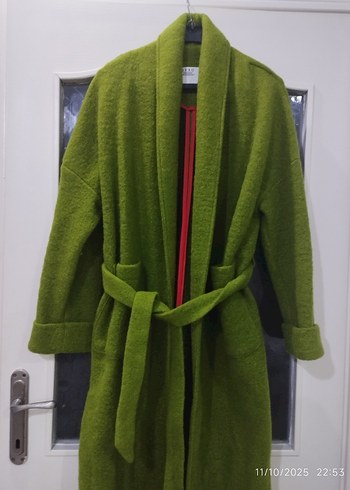 Yeşil Yün Karışımlı Kemerli Kaban - Görsel 4