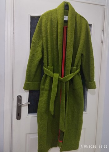 Yeşil Yün Karışımlı Kemerli Kaban - Görsel 2