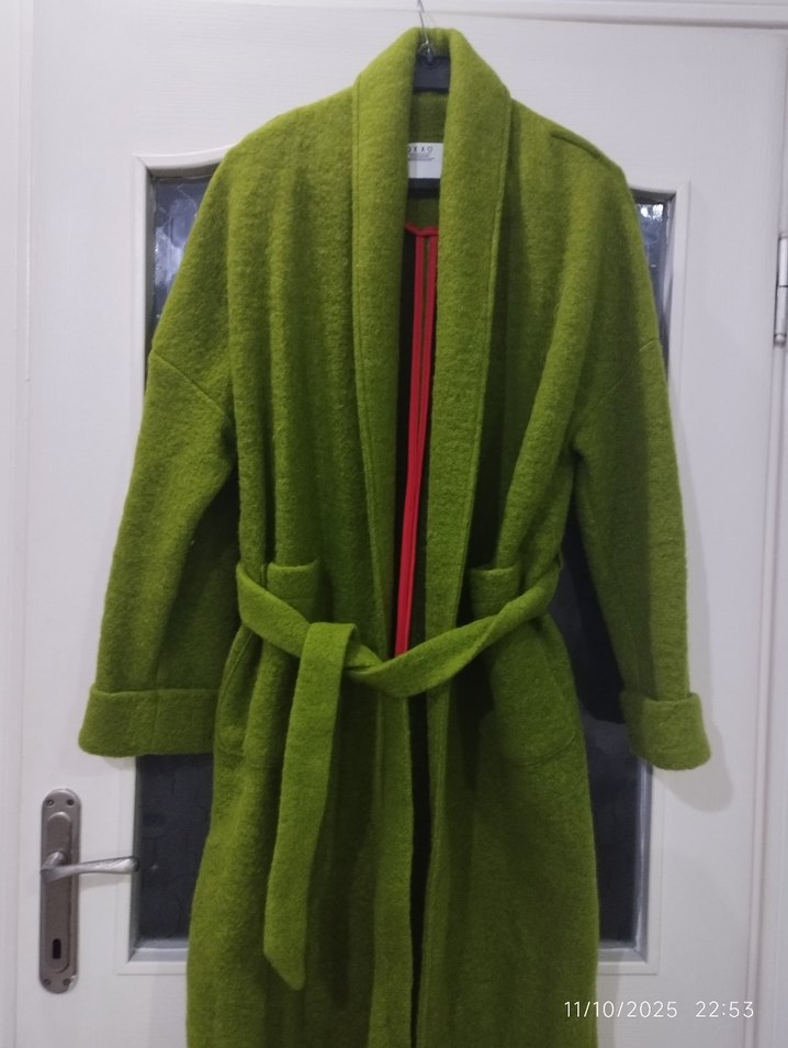 Yeşil Yün Karışımlı Kemerli Kaban - Görsel 4