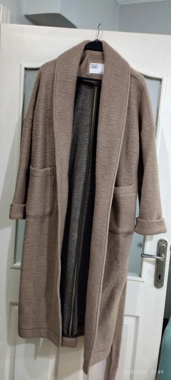 Bej Yün Karışımlı Kemerli Kaban - Görsel 3