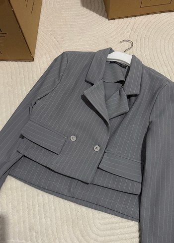 s Beden gri Renk Gri Düğmeli Kadın Blazer Ceket -Etek Takım