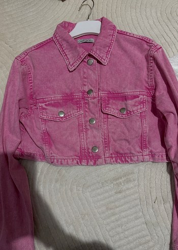 xs Beden Pembe Kısa Bağlama Desenli Kadın Denim Ceket