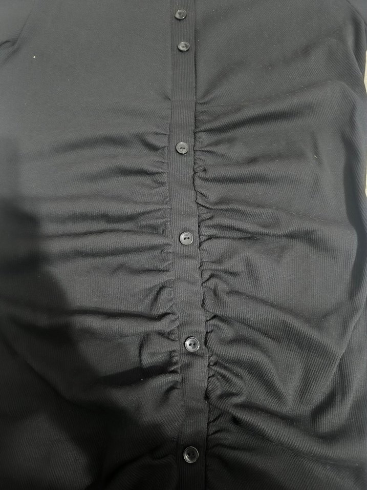 Düğmeli Siyah Midi Kısa Kollu Elbise - Görsel 2