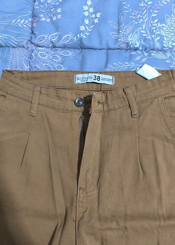 Kahverengi Keten Loose Fit Kemerli Kadın Pantolon - Görsel 3