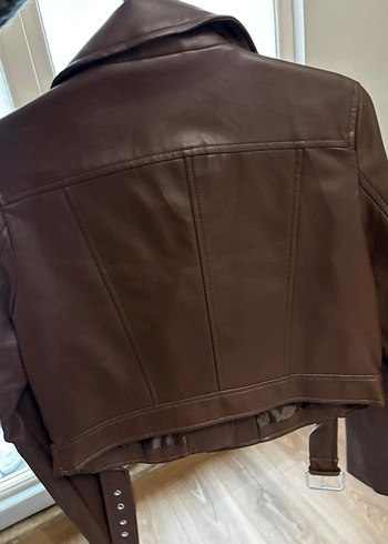 Kahverengi Kadın Deri Biker Ceket - Görsel 2