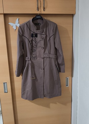 Düğmeli Bej Kadın Uzun Trençkot - Görsel 8